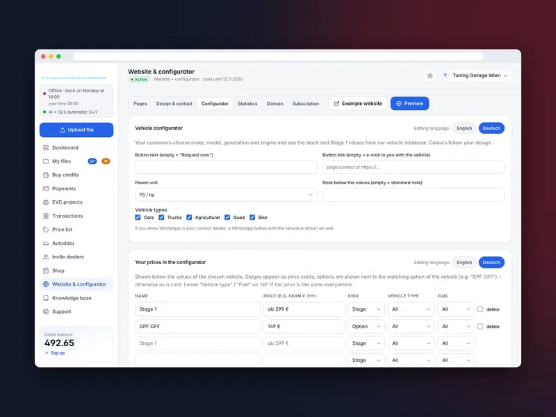 Your prices in the configurator